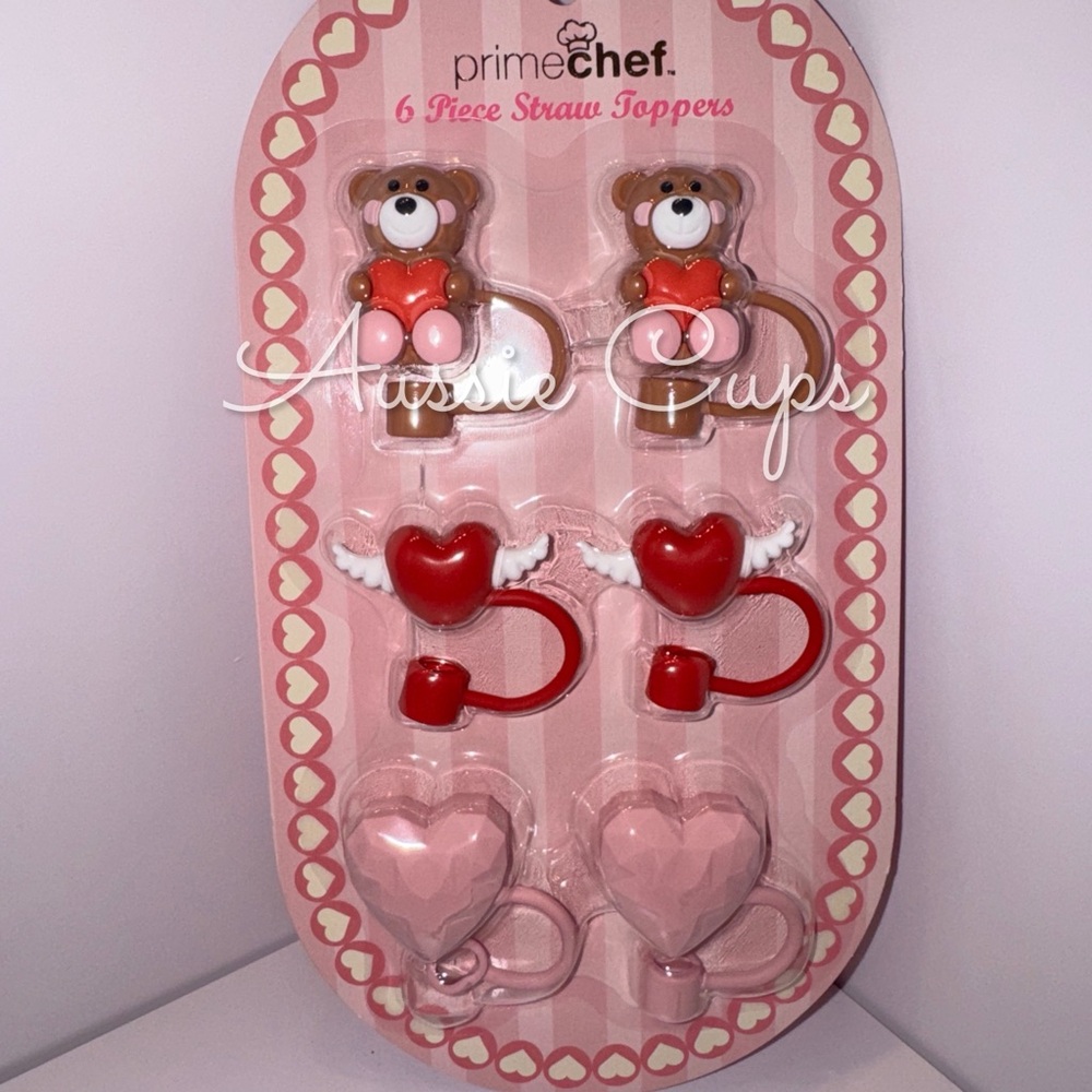 Straw Toppers Set of 6 - Hearts, Winged Hearts and Teddy Bears
